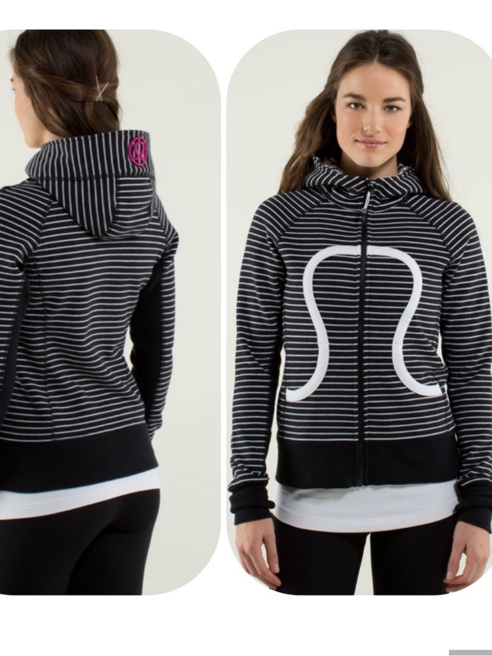 Lululemon Scuba Hoodie Floral Lined Hood Parallel Stripe Black White Pink Logo-8